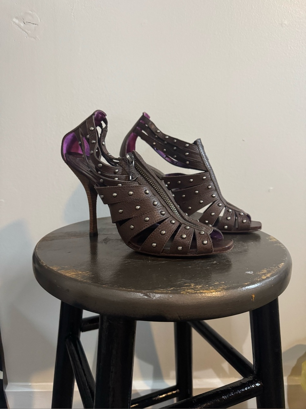 BCBGeneration Brown Studded Peep-Toe High Heels with Purple Lining